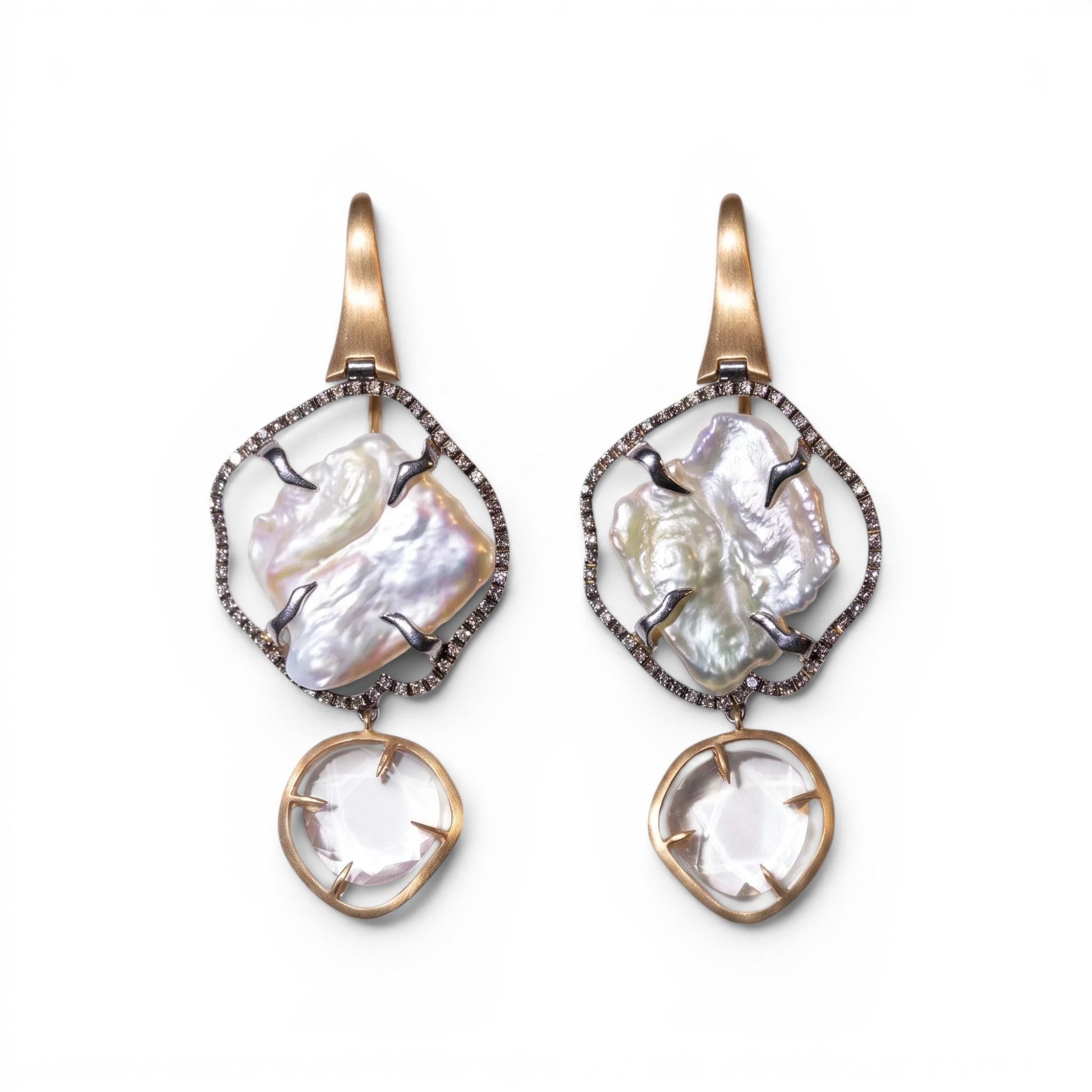 Trebor Style baroque pearl drop earrings with black diamond halo, pink quartz, and 18k rose gold handmade in Italy