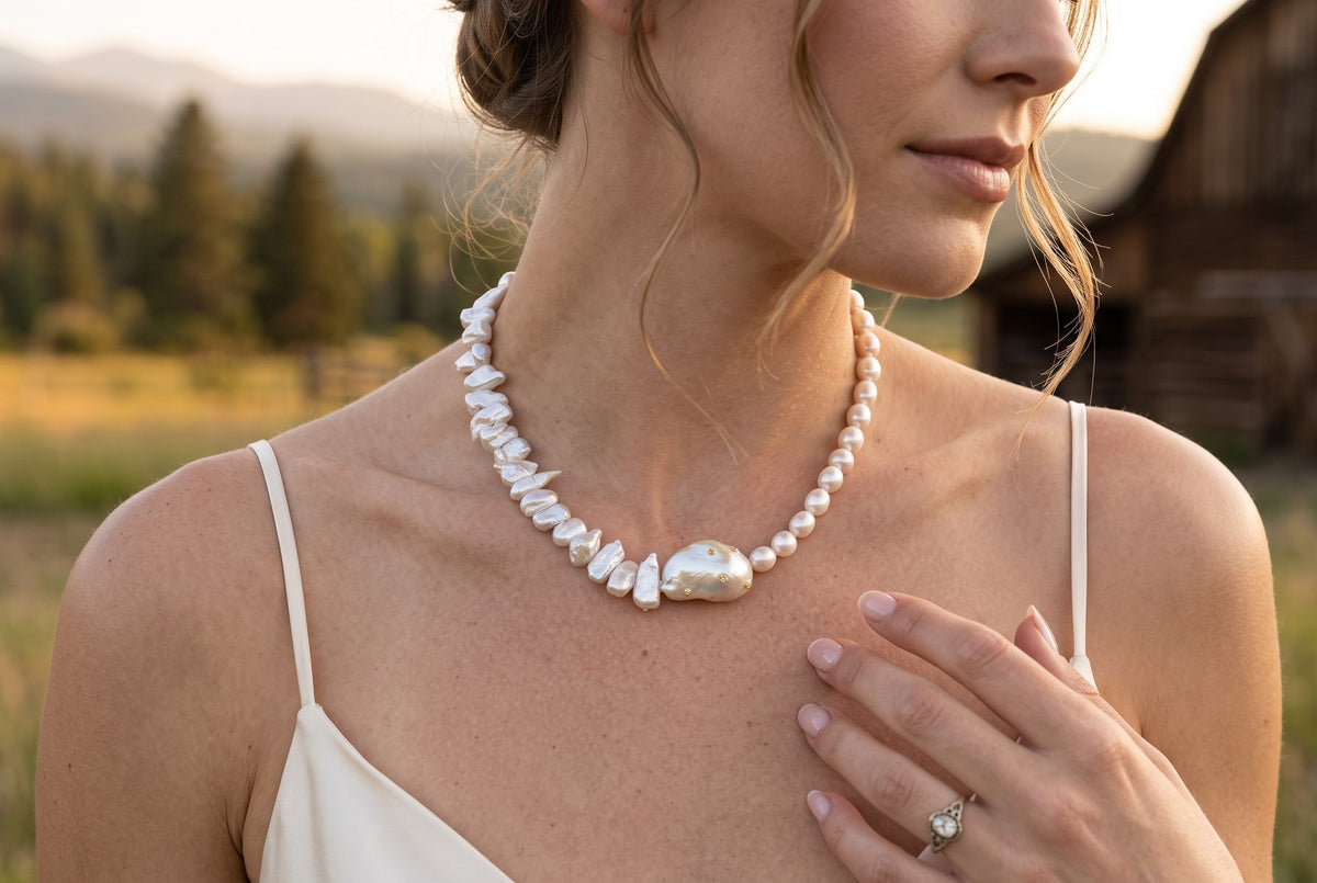 Baroque pearl necklace with gold zircons featuring a central baroque stone and mixed shaped pearls.