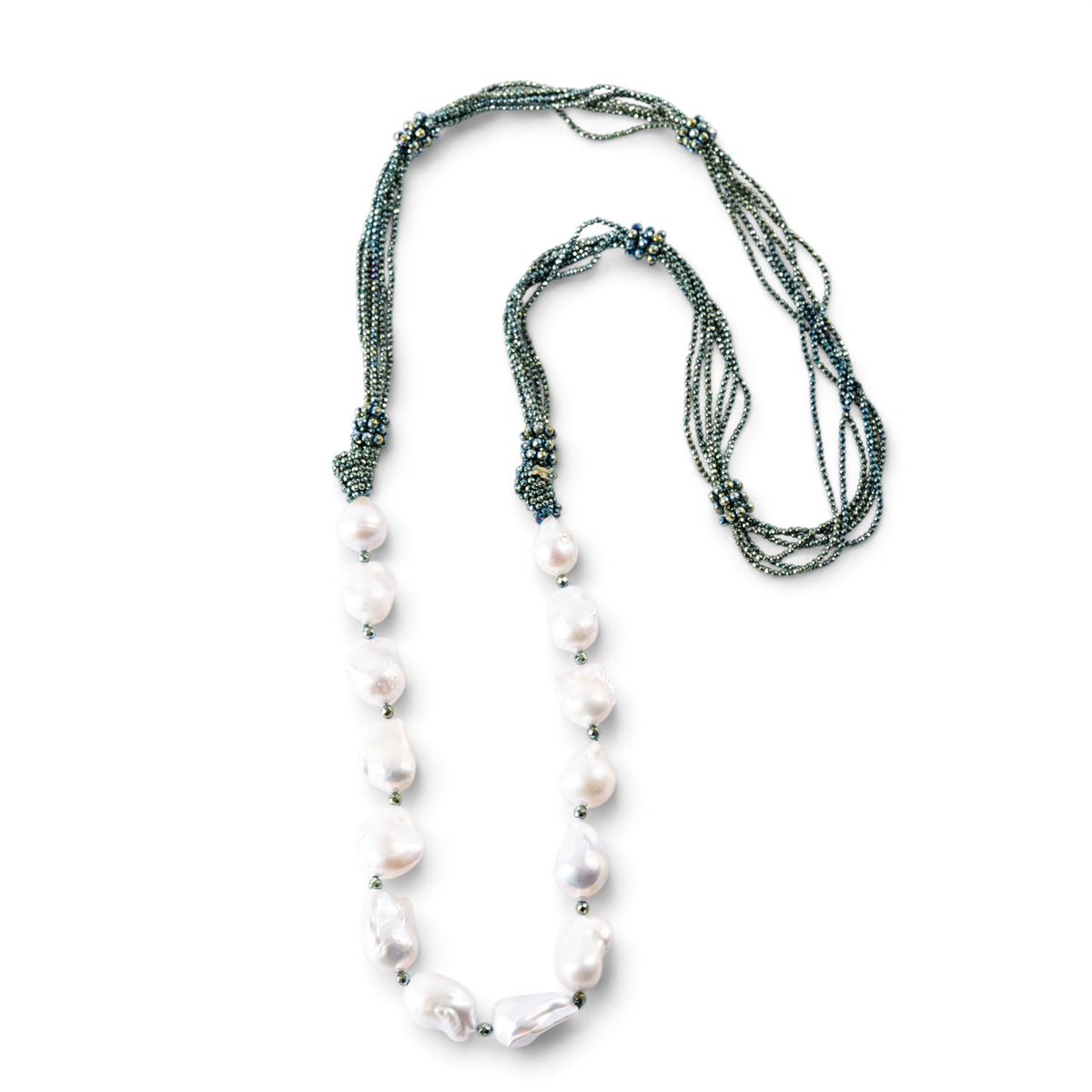 Trebor Style long necklace featuring large white baroque pearls and multi-strand green hematite seed beads.