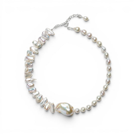 Trebor Style baroque pearl necklace featuring a large central pearl with gold zircon accents on a silver chain