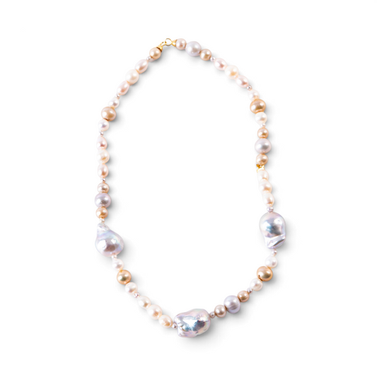 Trebor Style multi-color freshwater and baroque pearl necklace with 14k yellow gold hook closure.