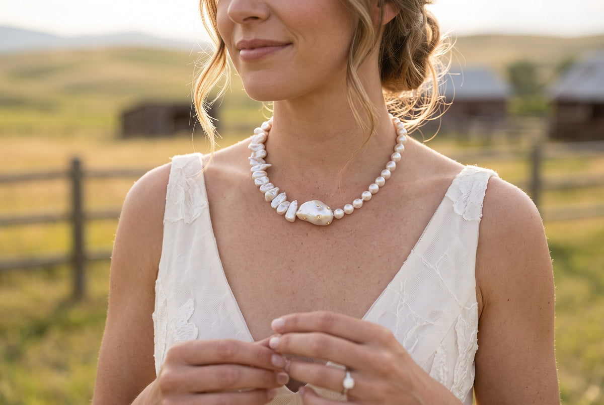 Baroque pearl necklace with mixed pearls and a central gold zircon anchor in sunlit outdoors.
