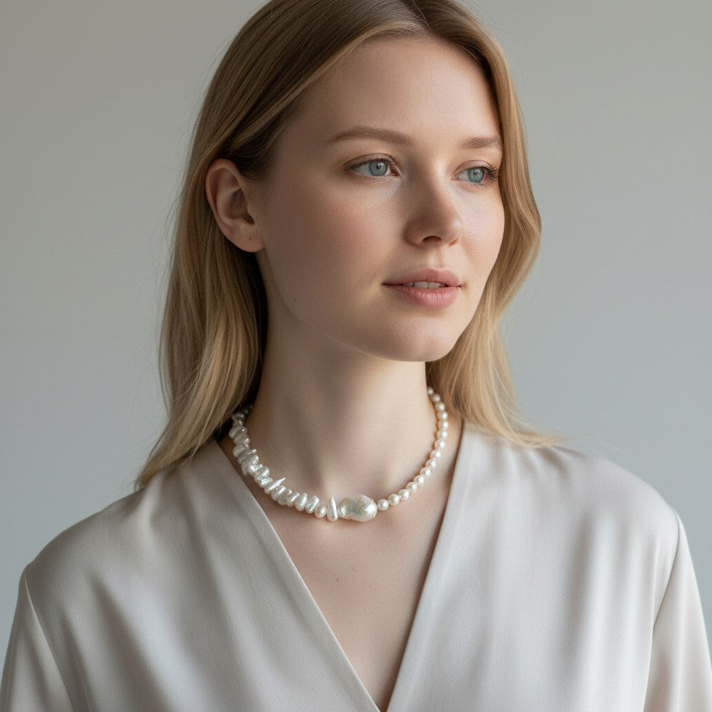 Trebor Style baroque pearl necklace with gold zircon accents worn by a blonde woman in a beige top.