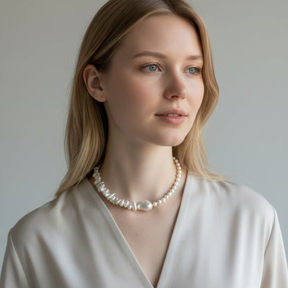 Baroque pearl necklace with mixed shaped pearls and central gold zircon accent, made in Italy.