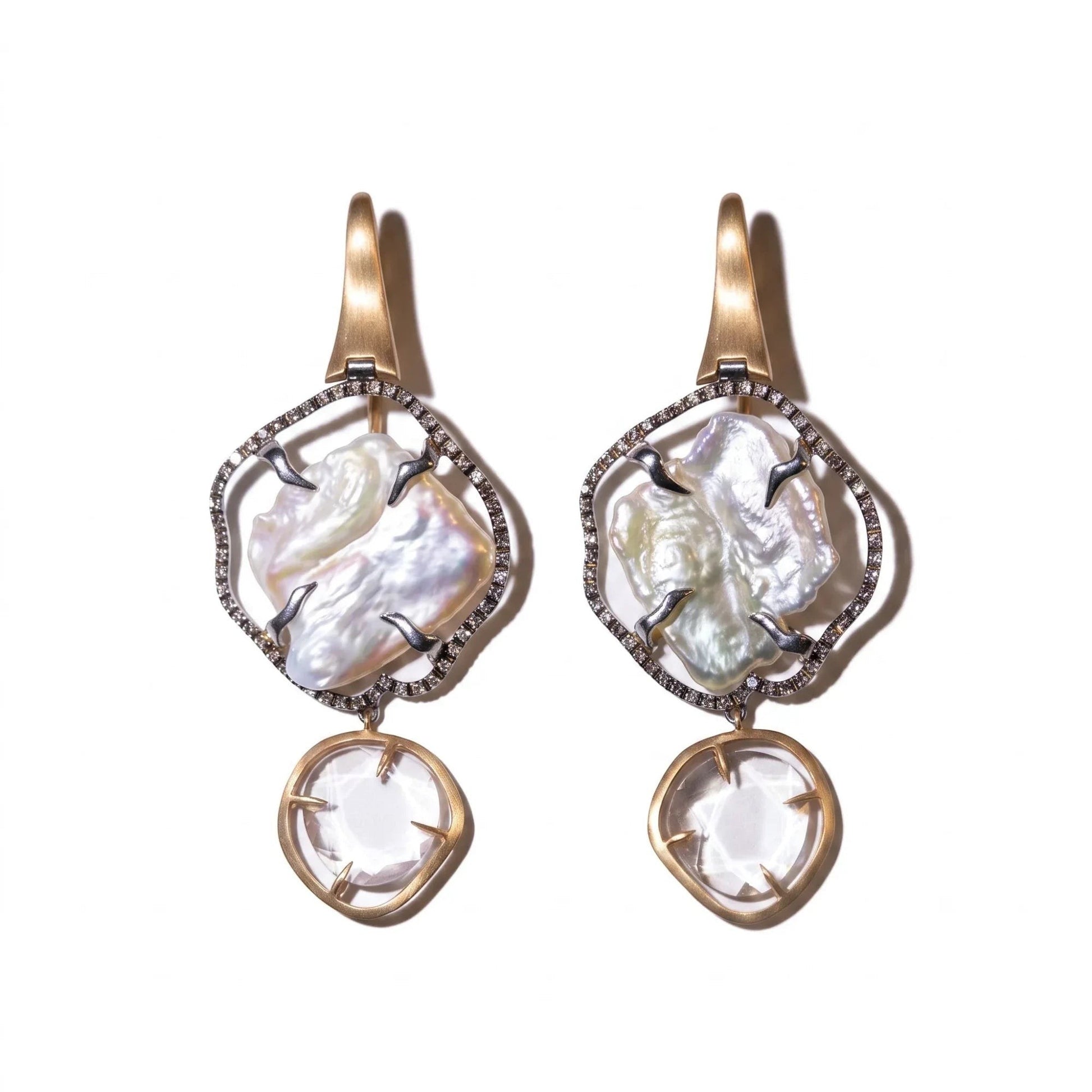 Trebor Style baroque pearl drop earrings with black diamond halo, pink quartz, and 18k rose gold handmade in Italy.