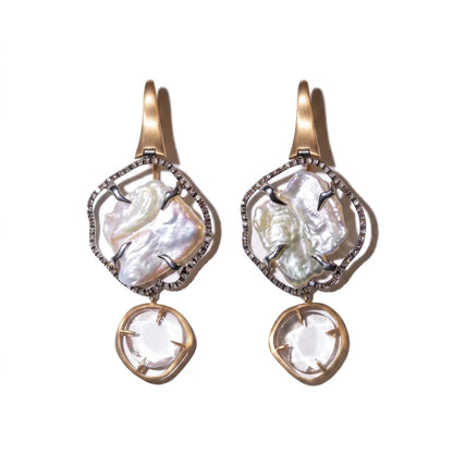 Trebor Style baroque pearl drop earrings with black diamond halo, pink quartz, and 18k rose gold handmade in Italy.