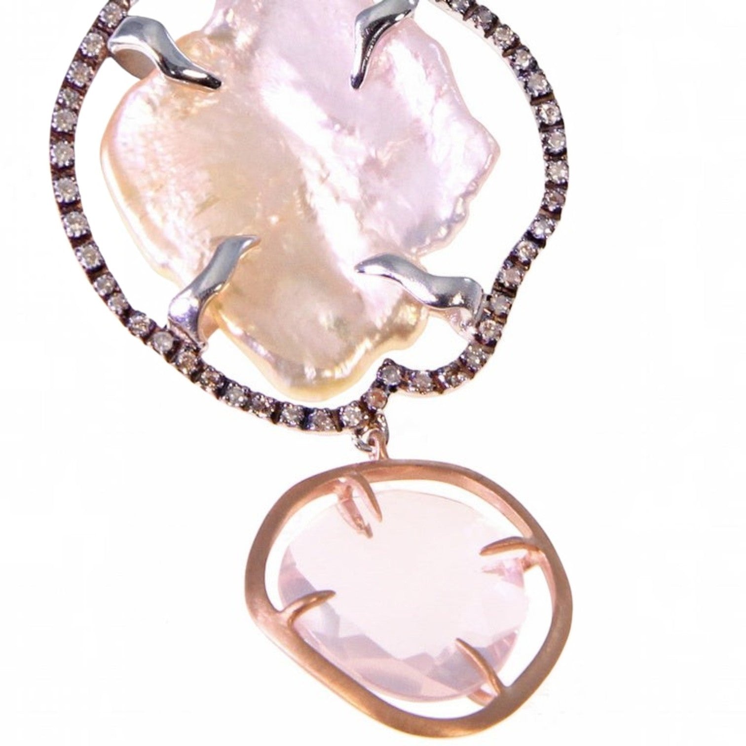 Trebor Style baroque pearl drop earrings with a black diamond halo and faceted pink quartz in 18k rose gold