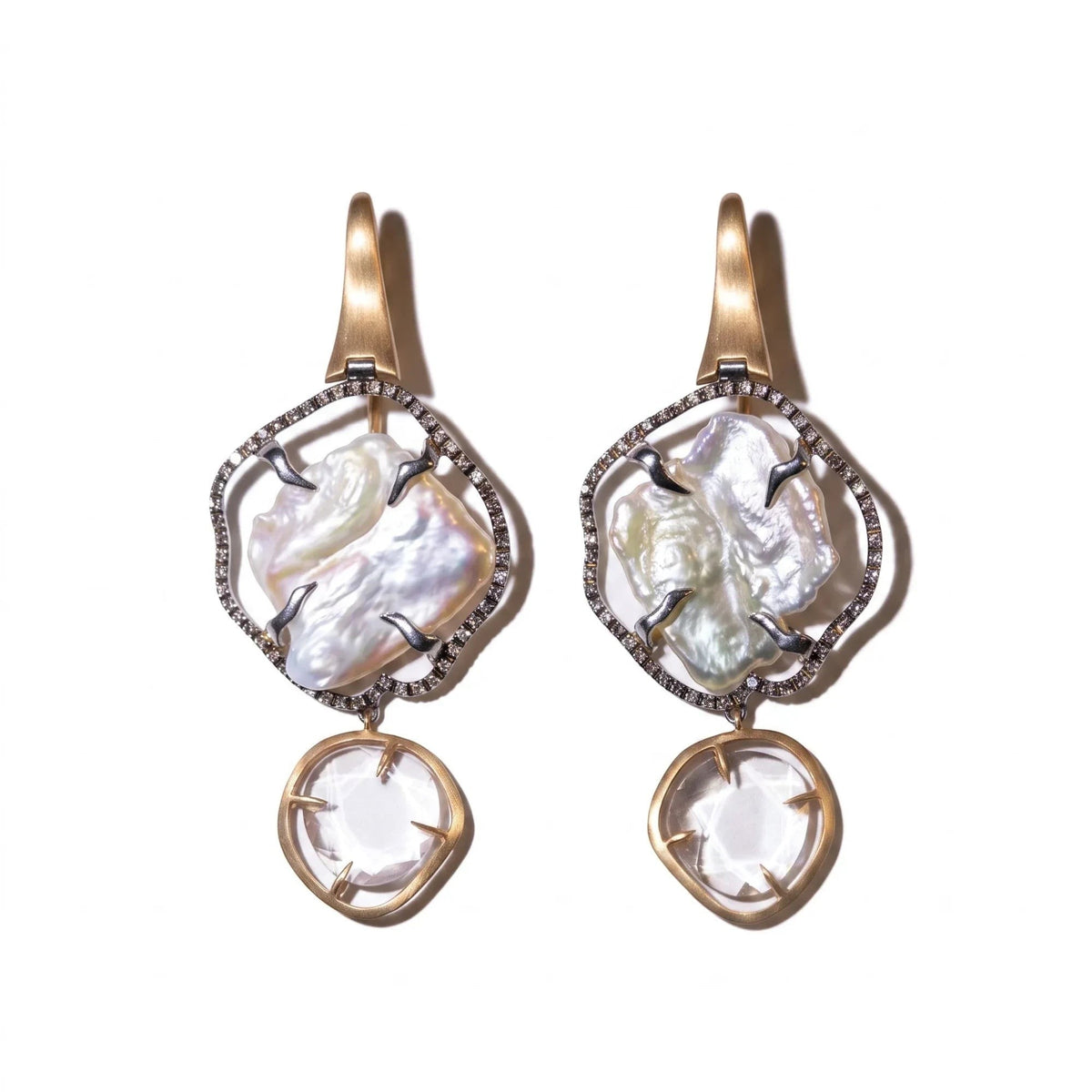 Trebor Style baroque pearl and pink quartz drop earrings with black diamond halos set in 18k rose gold.