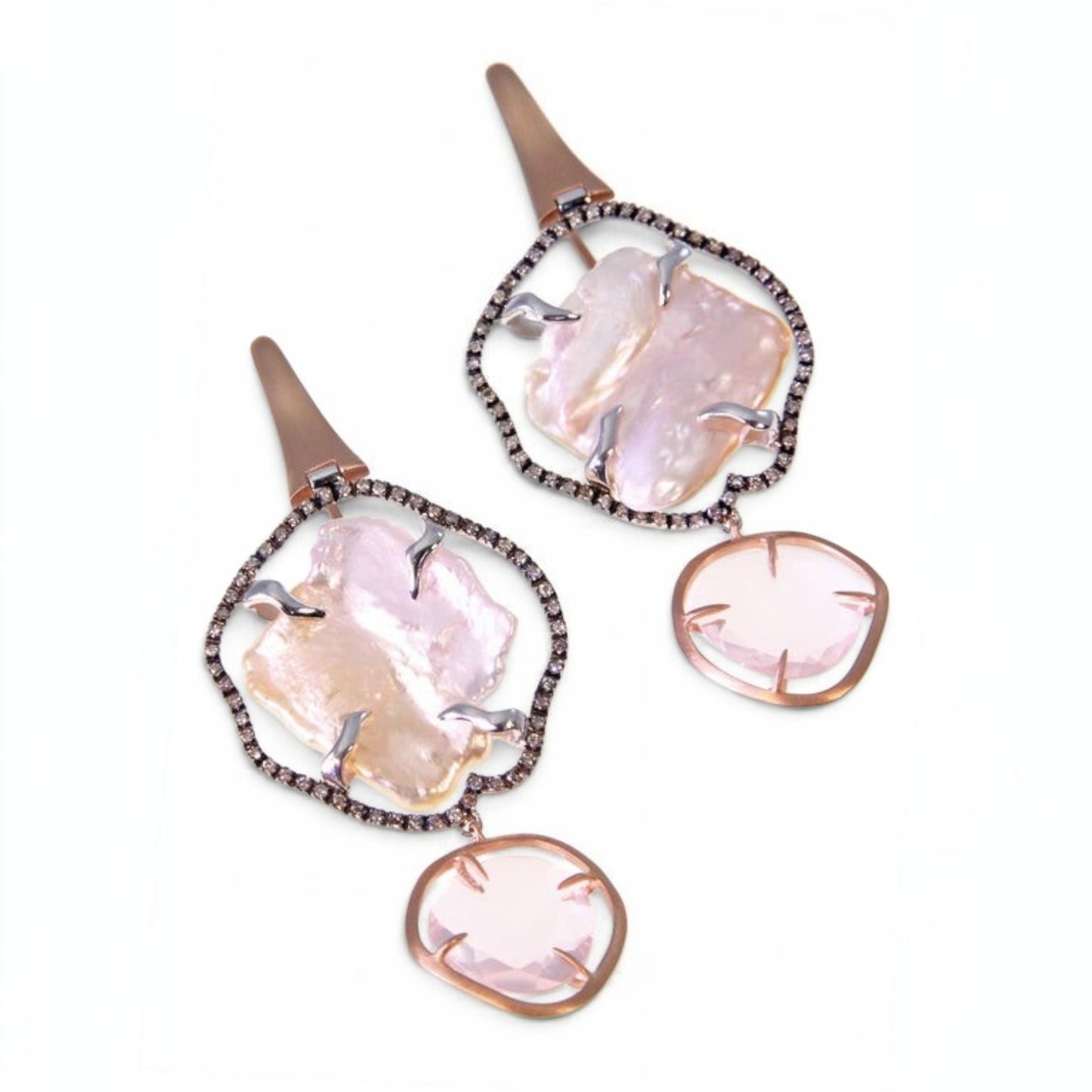 Trebor Style baroque pearl and pink quartz drop earrings with black diamond halo in 18k rose gold, handmade in Italy.