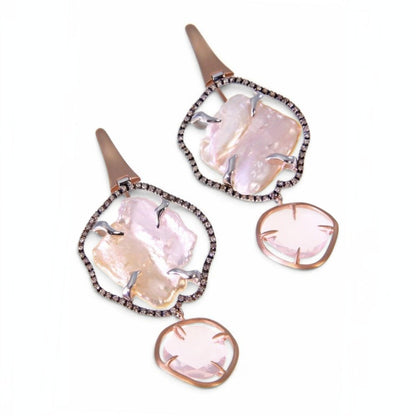 Trebor Style baroque pearl and pink quartz drop earrings with black diamond halo in 18k rose gold, handmade in Italy.