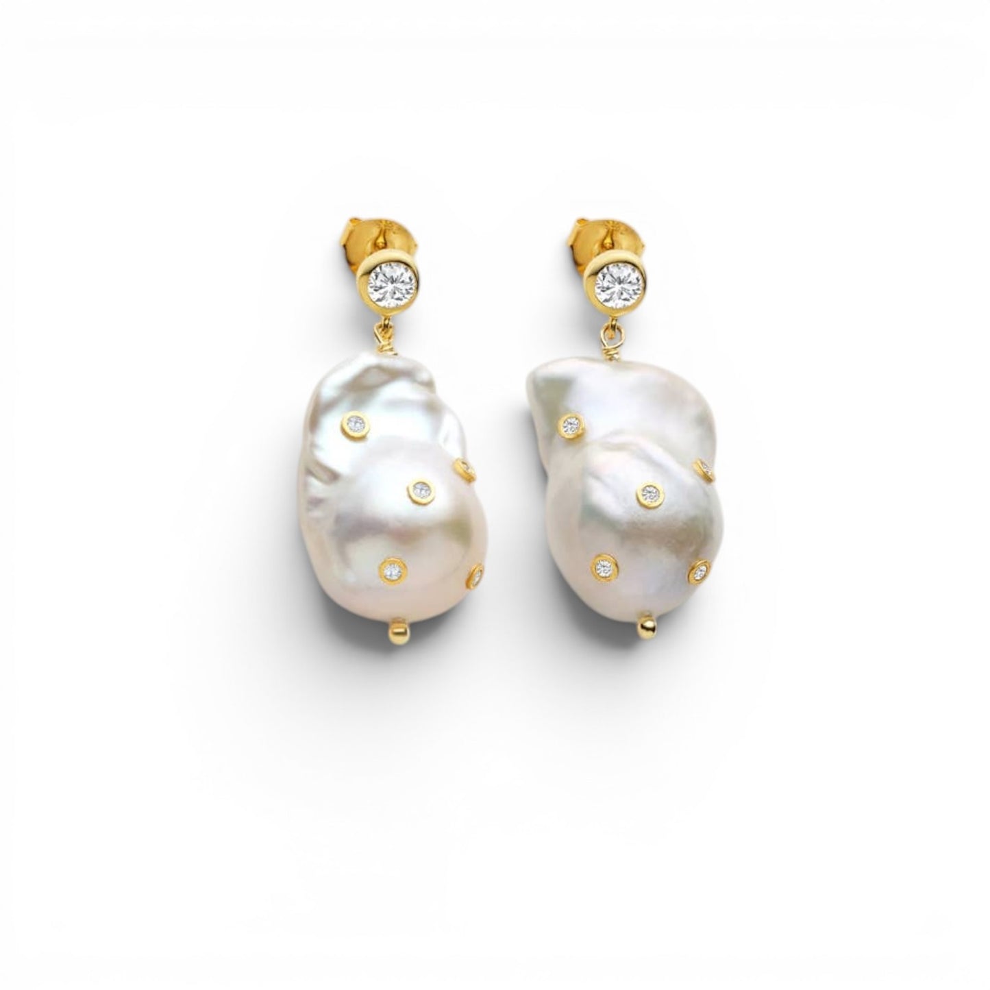 Trebor Style Frida baroque pearl drop earrings with embedded sparkling zircons and gold hardware