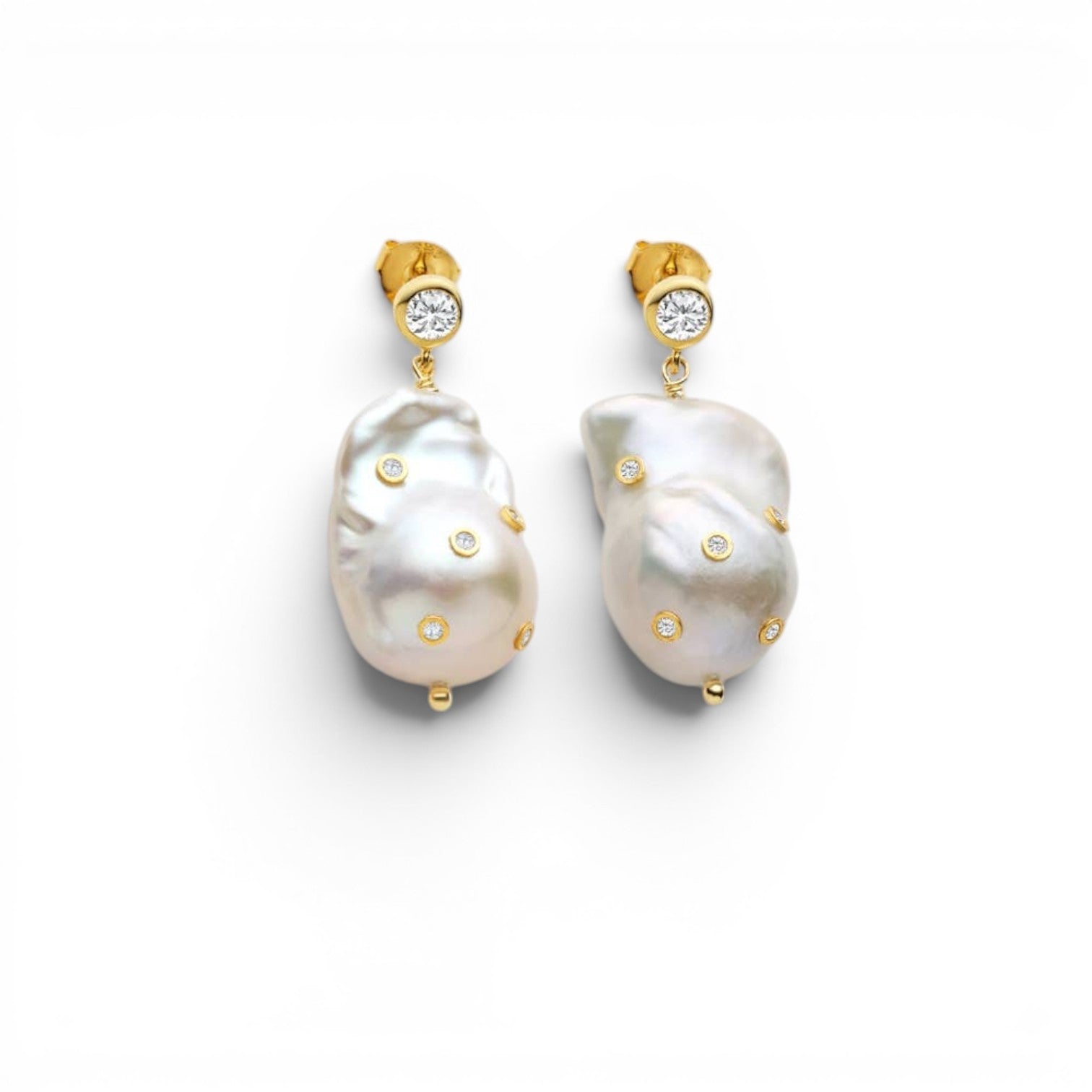 Trebor Style Frida baroque pearl drop earrings with embedded sparkling zircons and gold hardware
