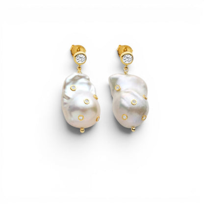 Trebor Style Frida baroque pearl drop earrings with embedded sparkling zircons and gold hardware