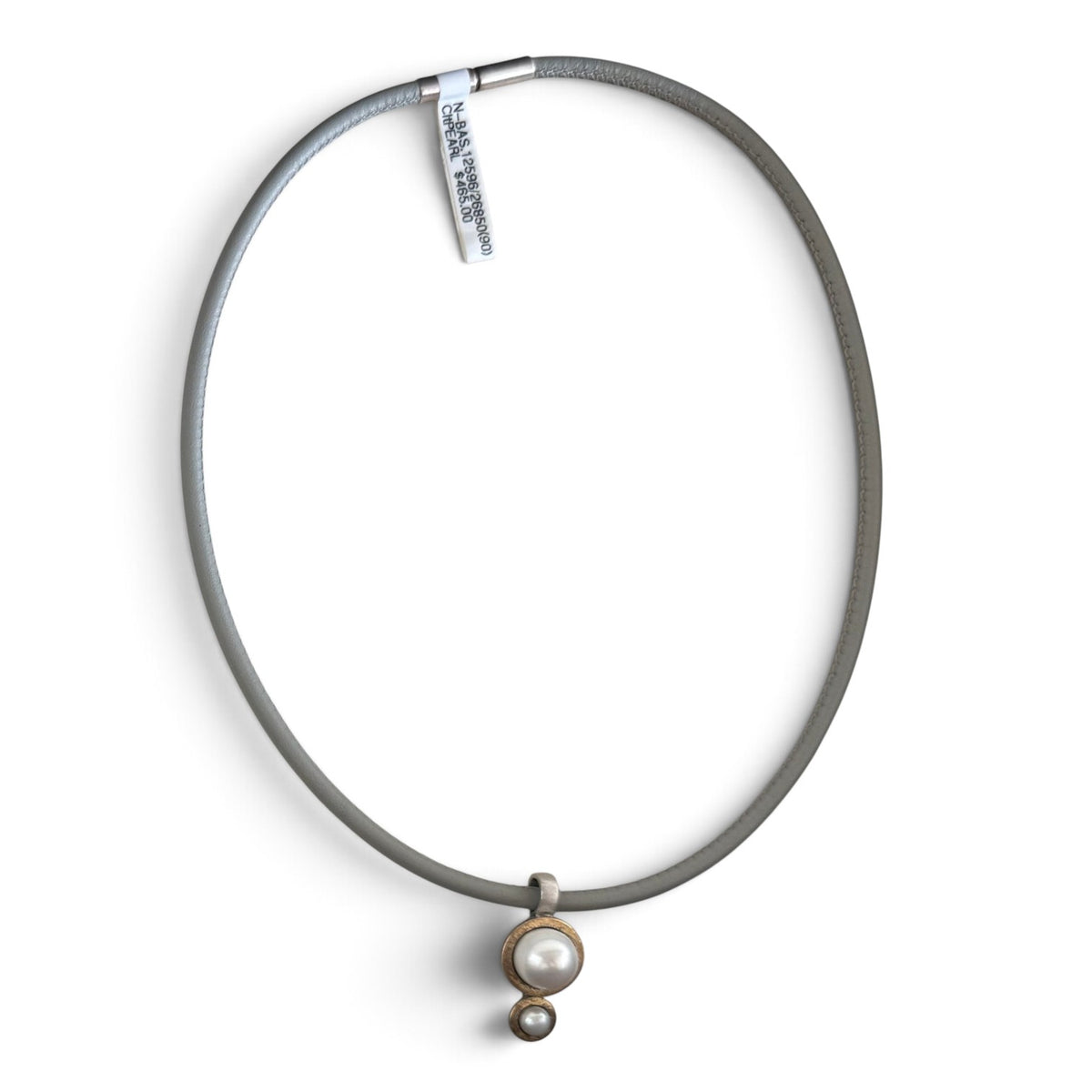 Trebor Style Bastian double drop white cultured pearl pendant necklace on a grey leather cord with two-tone metal.