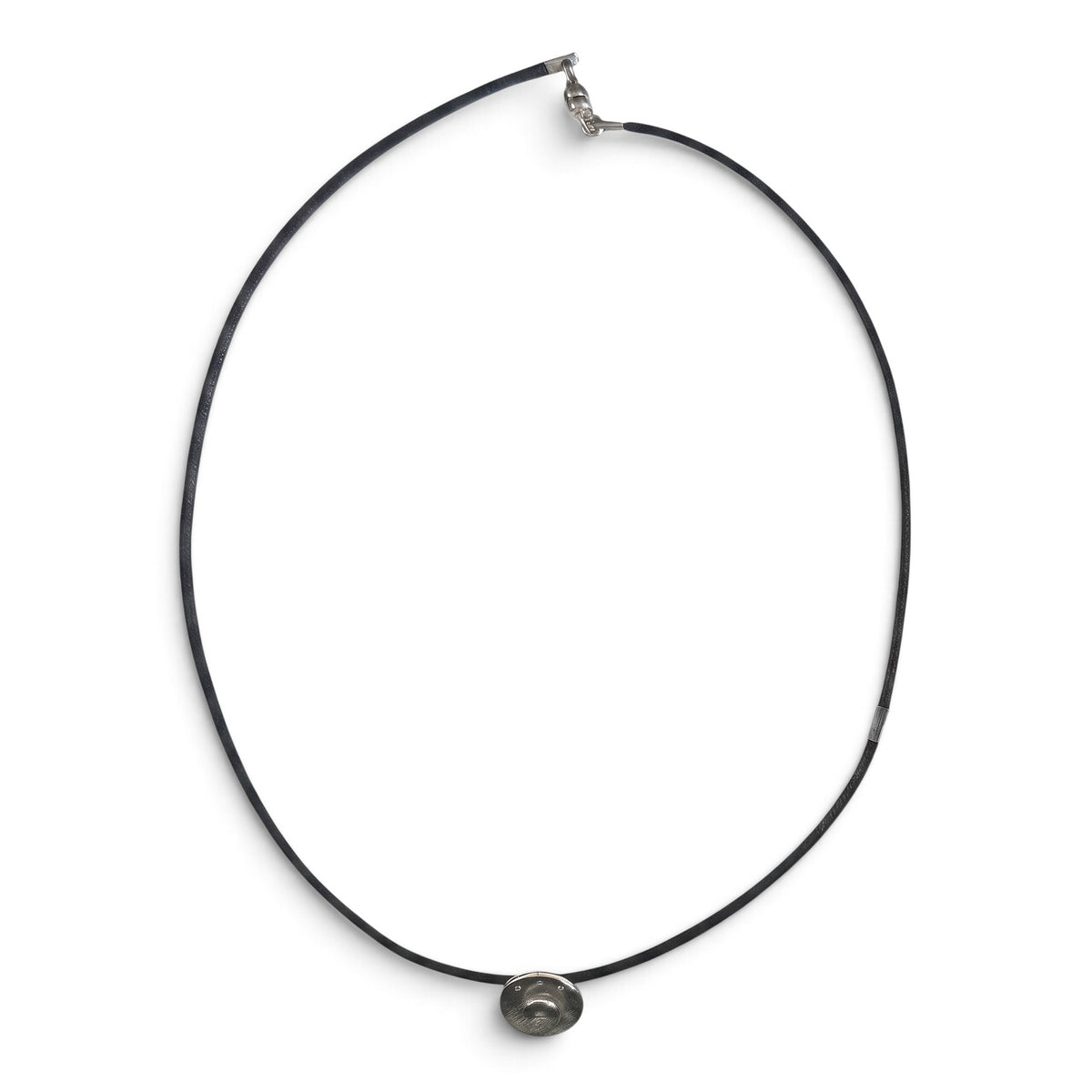 Trebor Style Bastian sterling silver open swirl pendant with diamond dust on a black cord necklace