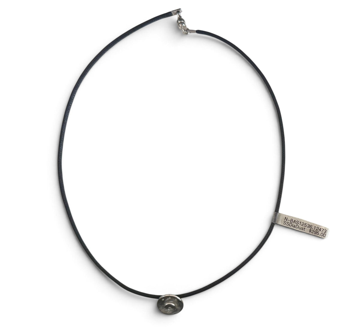 Trebor Style Bastian sterling silver open swirl pendant with diamond dust on a black cord necklace