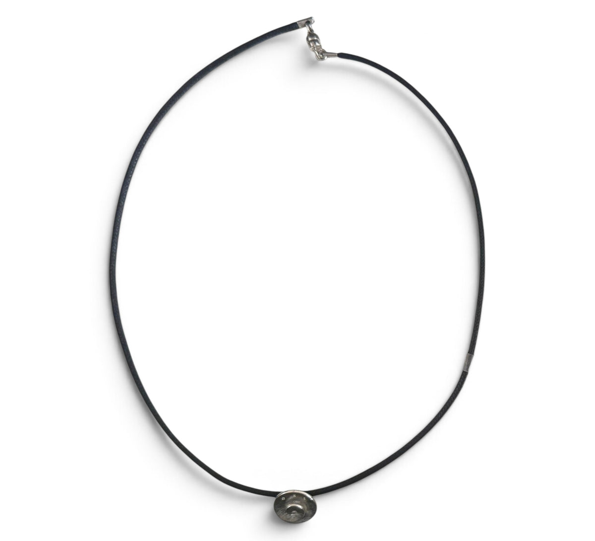 Trebor Style Bastian sterling silver open swirl pendant with diamond dust on a black cord necklace