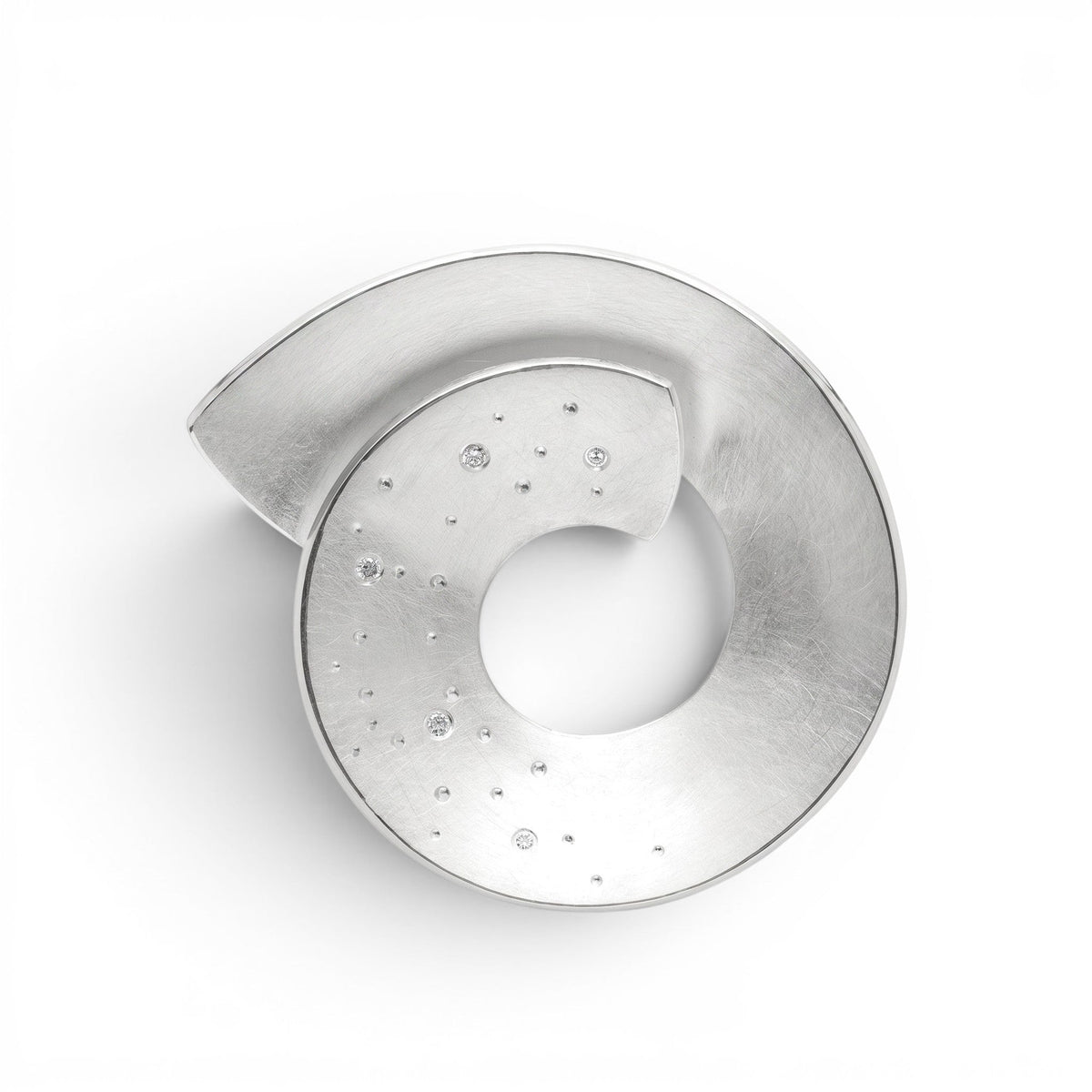 Trebor Style Bastian sterling silver open swirl pendant with diamond dust texture on a brushed circular design