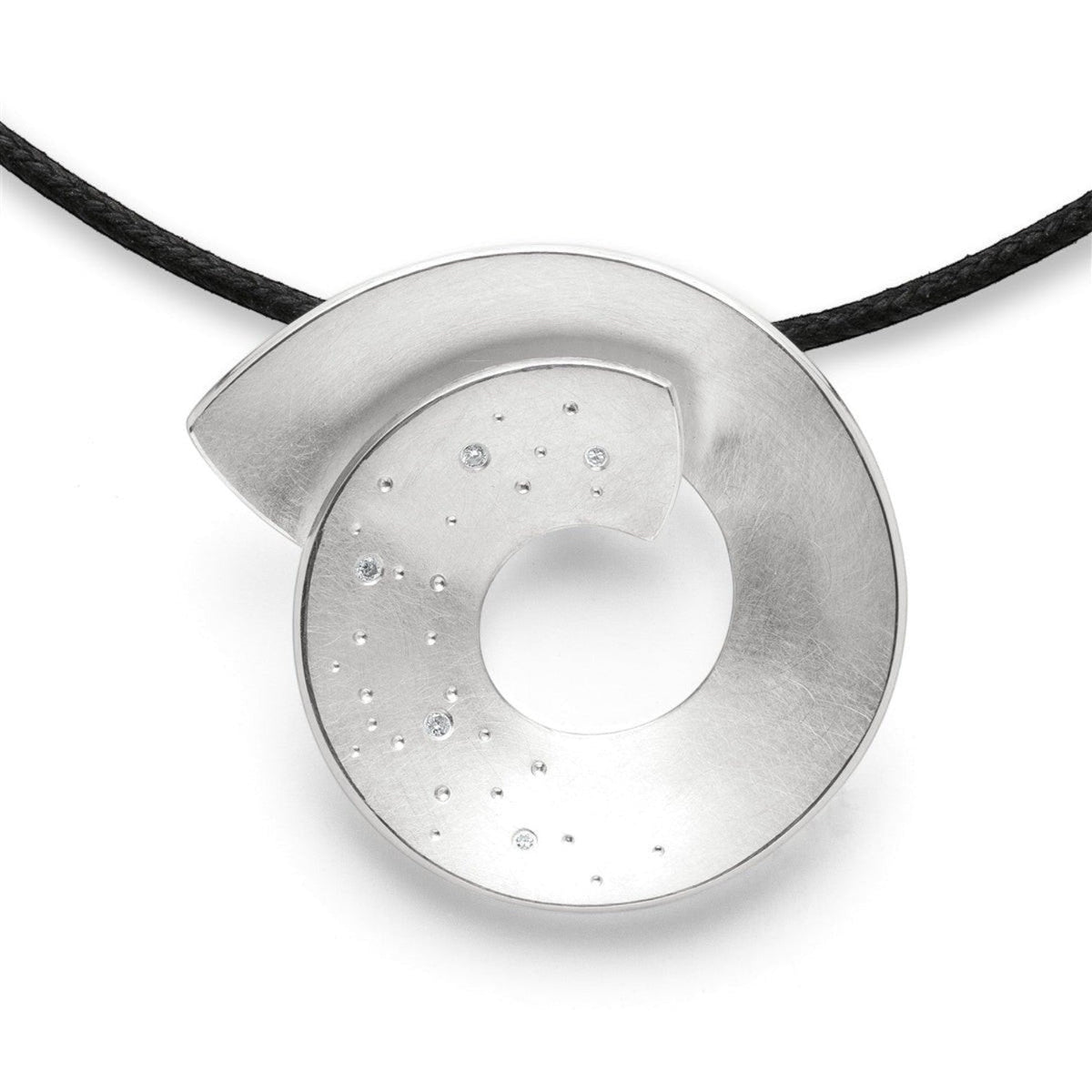 Trebor Style Bastian sterling silver open swirl pendant with diamond dust on a black cord necklace