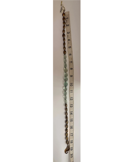 Trebor Style handcrafted statement necklace featuring pale green fluorite beads and metallic bronze oval accents.