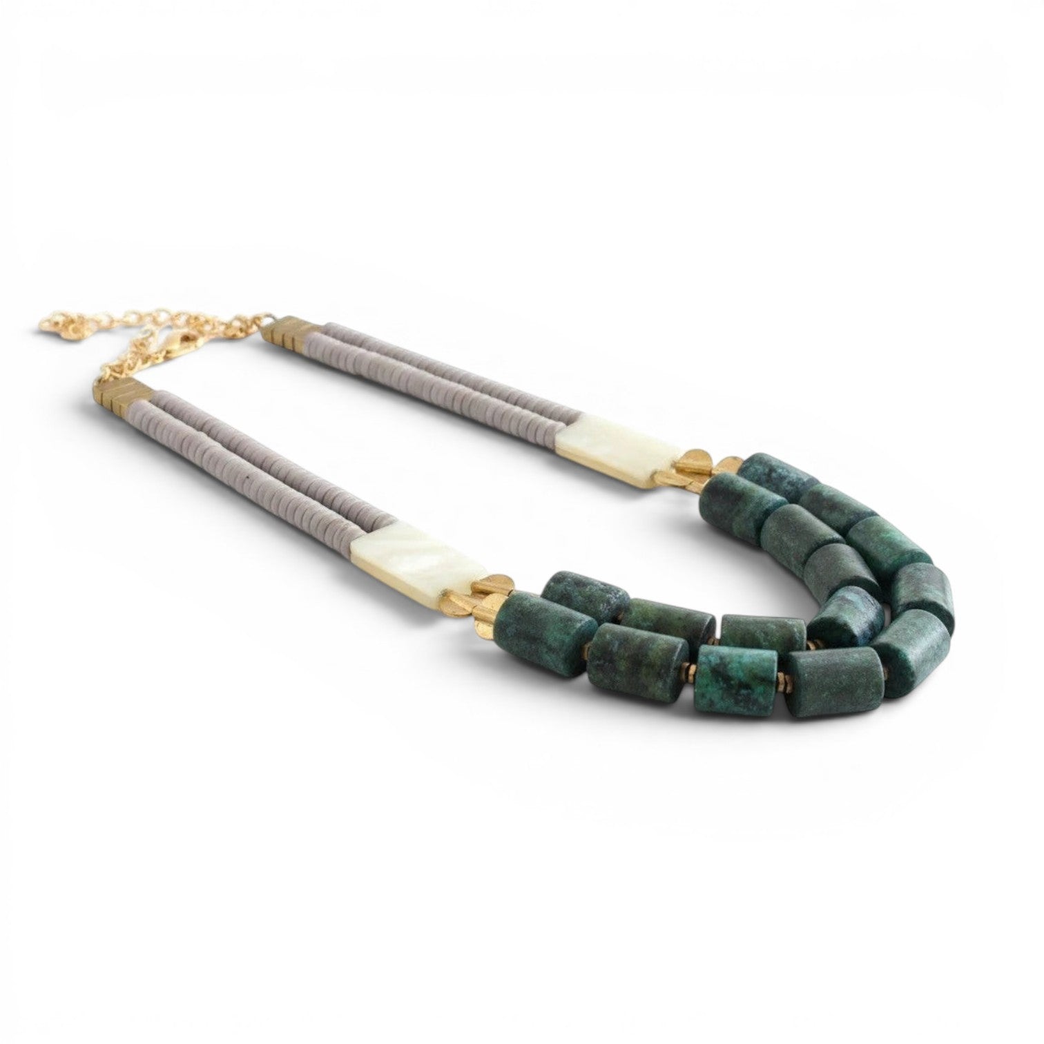 Trebor Style 21-inch necklace featuring magnesite, aventurine, and turquoise beads with brass accents and an extender.
