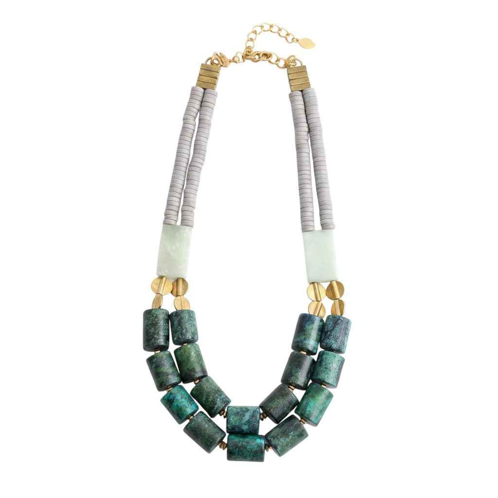 Trebor Style multi-strand beaded necklace featuring magnesite, aventurine, turquoise, and brass accents with an extender.