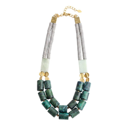 Trebor Style multi-strand beaded necklace featuring magnesite, aventurine, turquoise, and brass accents with an extender.