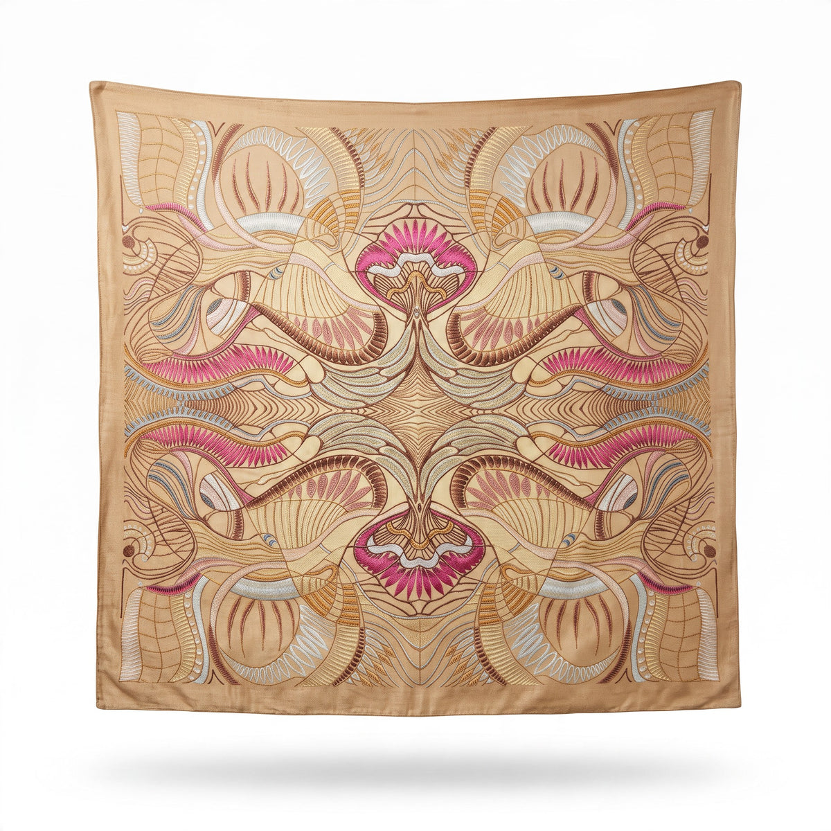 Trebor Style square modal and cashmere scarf in beige with pink and blue jungle-inspired pattern and hand-rolled edge
