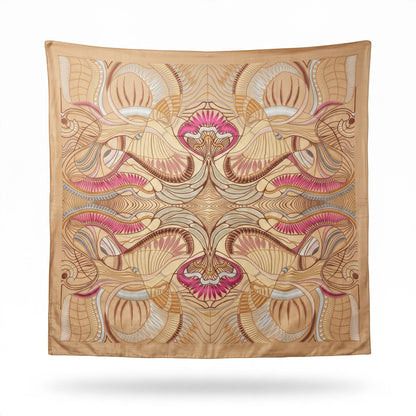 Trebor Style square modal and cashmere scarf in beige with pink and blue jungle-inspired pattern and hand-rolled edge