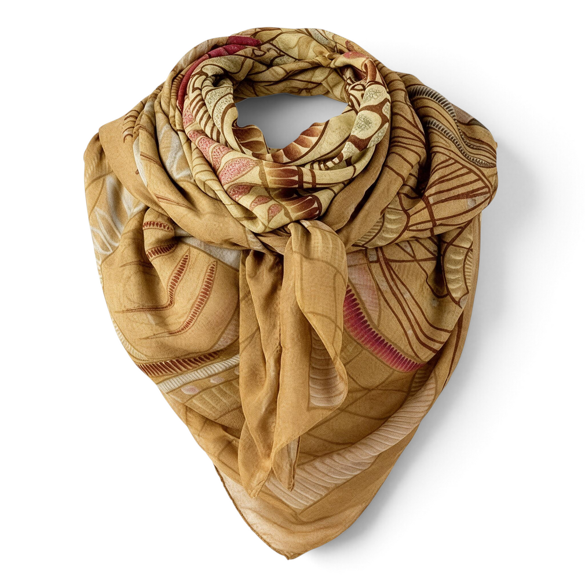 Trebor Style beige jungle print square scarf in modal and cashmere with hand-rolled edges and pink and blue accents.