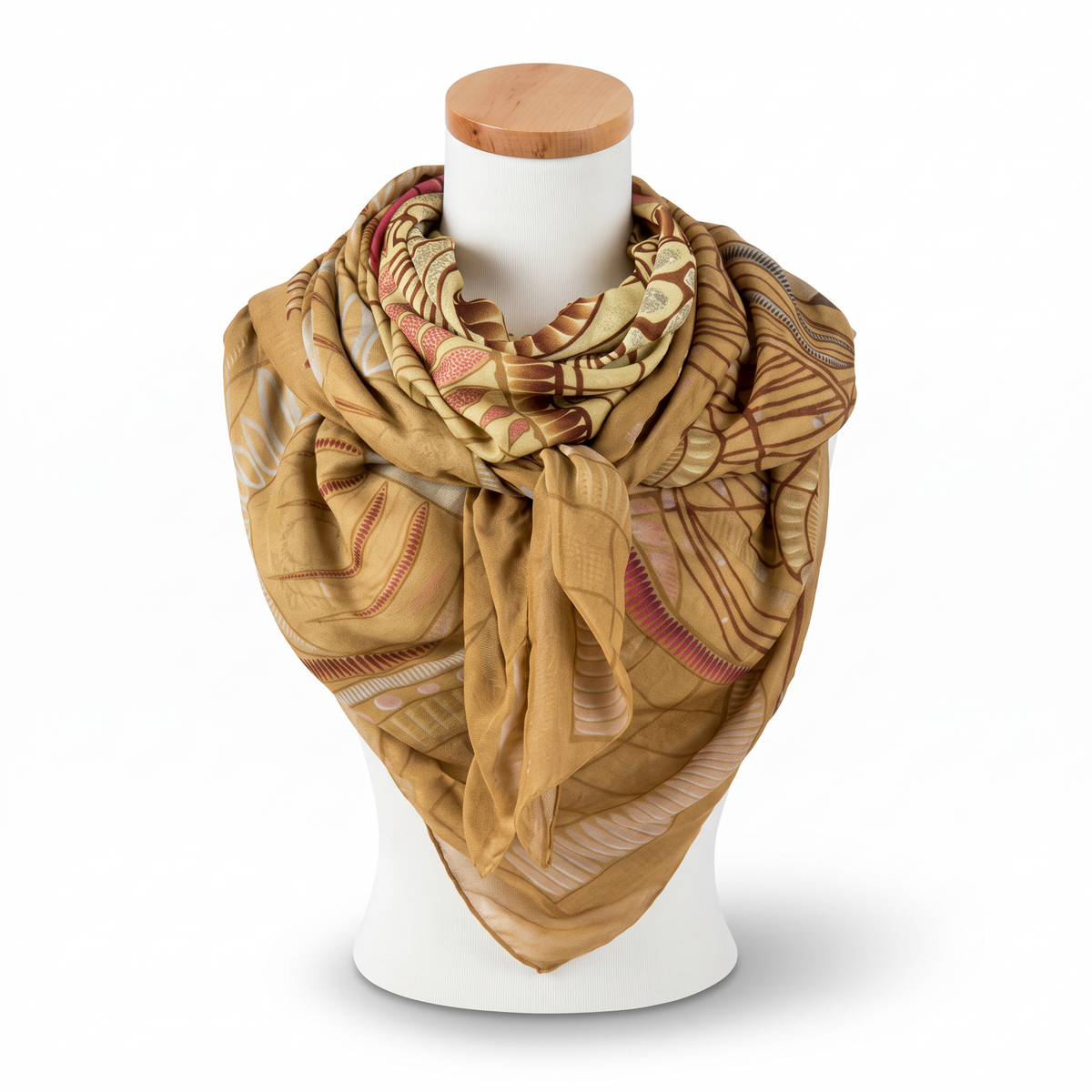 Trebor Style beige jungle print modal and cashmere square scarf with hand-rolled edges on a mannequin display.