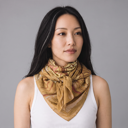 Trebor Style beige jungle print modal and cashmere square scarf worn by a woman against a grey background