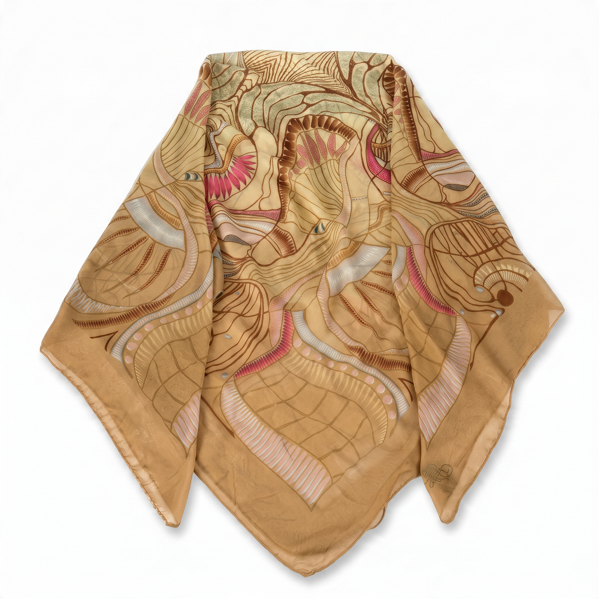 Trebor Style square beige jungle print scarf in modal and cashmere with pink, cream, and blue accents.