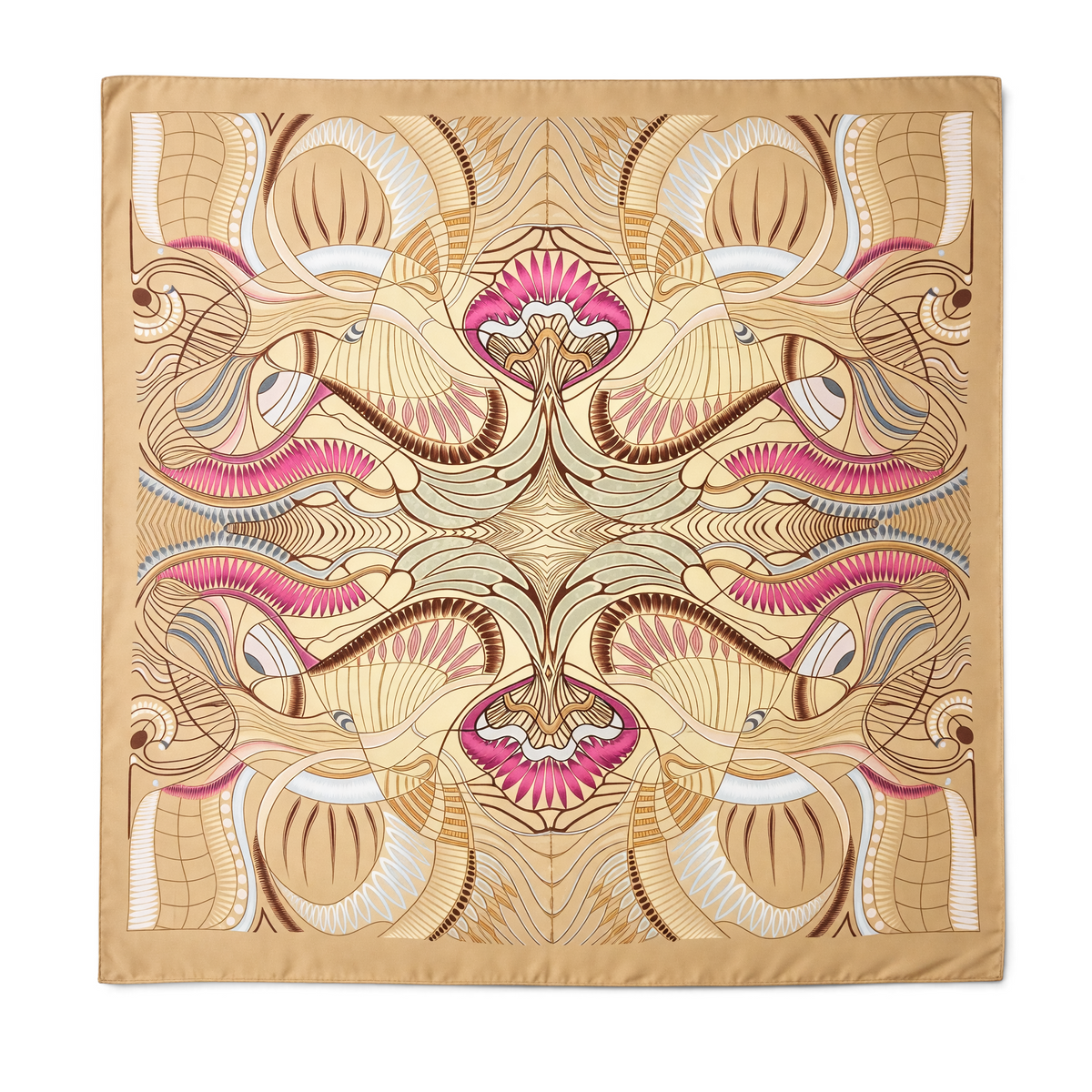 Trebor Style square modal and cashmere scarf in beige with pink and blue jungle print and hand-rolled edges.