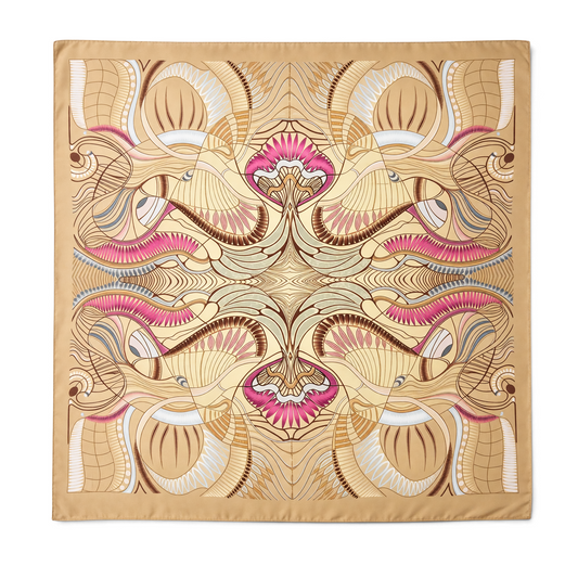 Trebor Style square modal and cashmere scarf in beige with pink and blue jungle print and hand-rolled edges.