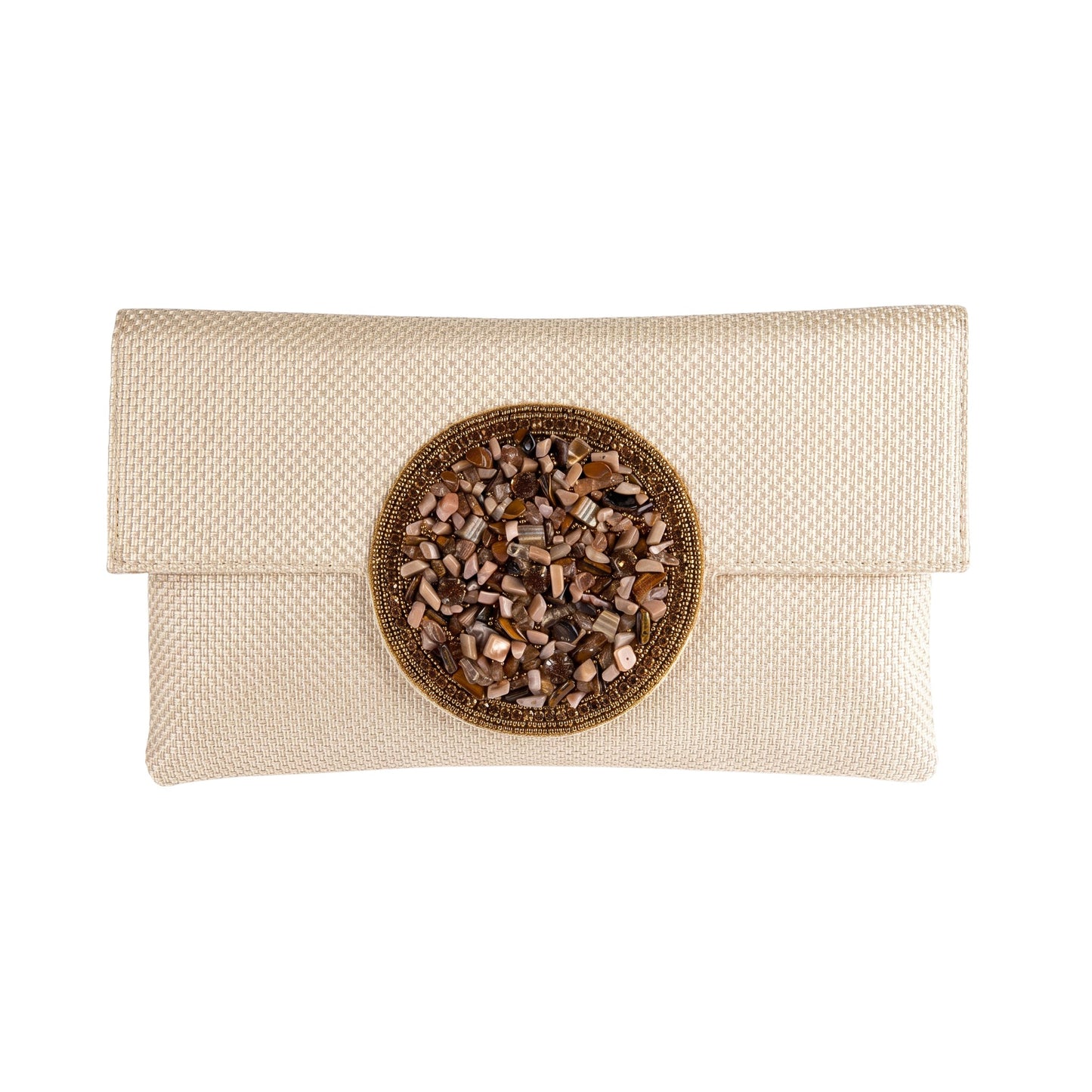 Trebor Style beige jute silk clutch featuring a central hand-embellished medallion with natural stone accents.