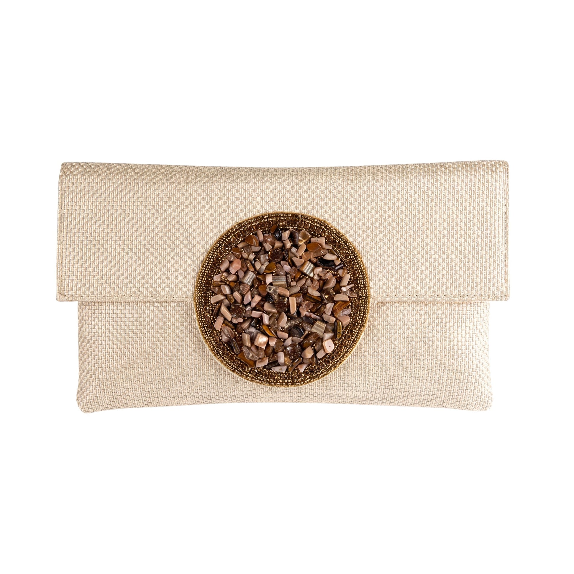 Trebor Style beige jute silk clutch featuring a central hand-embellished medallion with natural stone accents.