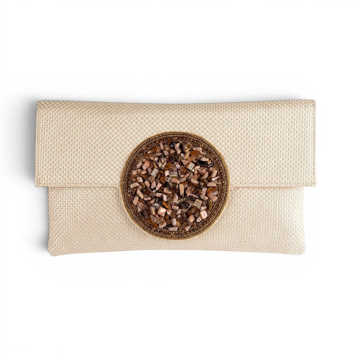 Trebor Style beige jute silk clutch featuring a central beaded medallion in gold, peach, grey, and cream tones.