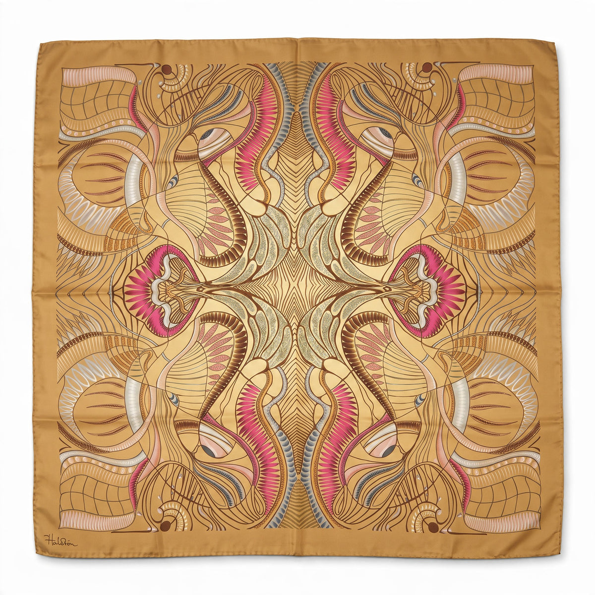 Trebor Style 35-inch square silk crepe scarf in beige with a gold, pink, and blue jungle-inspired geometric print.