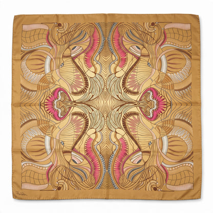 Trebor Style 35-inch square silk crepe scarf in beige with a gold, pink, and blue jungle-inspired geometric print.