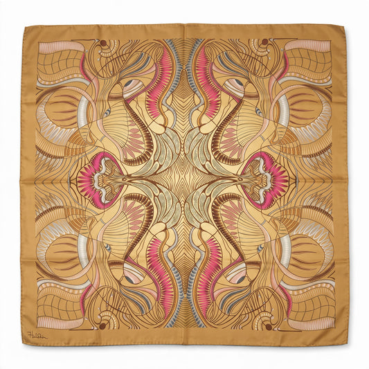 Trebor Style 35-inch square silk crepe scarf in beige with a gold, pink, and blue jungle-inspired geometric print.