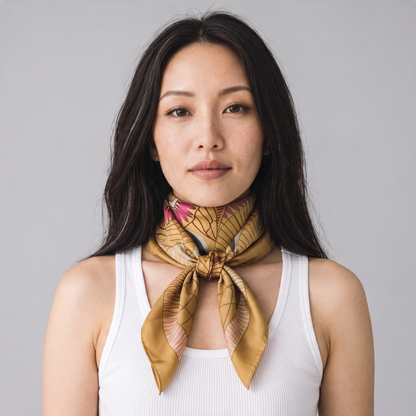 Trebor Style beige silk crepe square scarf with jungle print in gold, pink, and blue worn by a woman.
