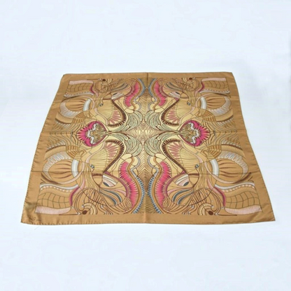 Trebor Style Ziio beige silk crepe square scarf featuring a detailed jungle print in gold, pink, and blue accents.