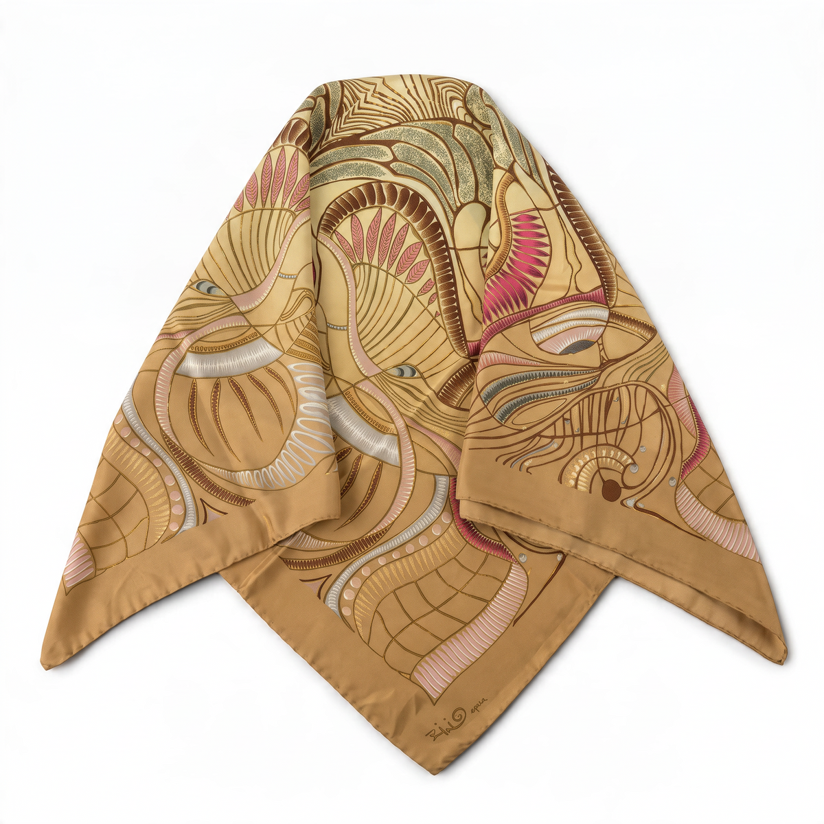 Trebor Style beige silk crepe square scarf featuring a jungle print in gold, tan, pink, and blue with hand-rolled edge