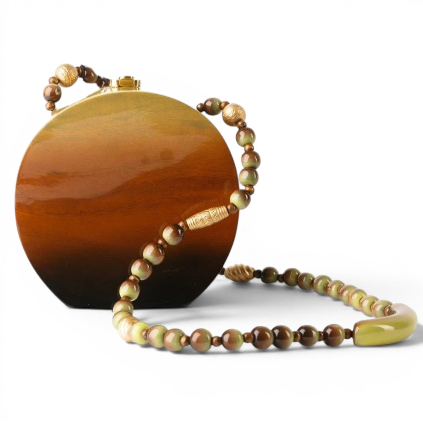 Trebor Style Timmy Woods Binn circular acacia wood handbag with high-gloss lacquer and beaded shoulder strap.