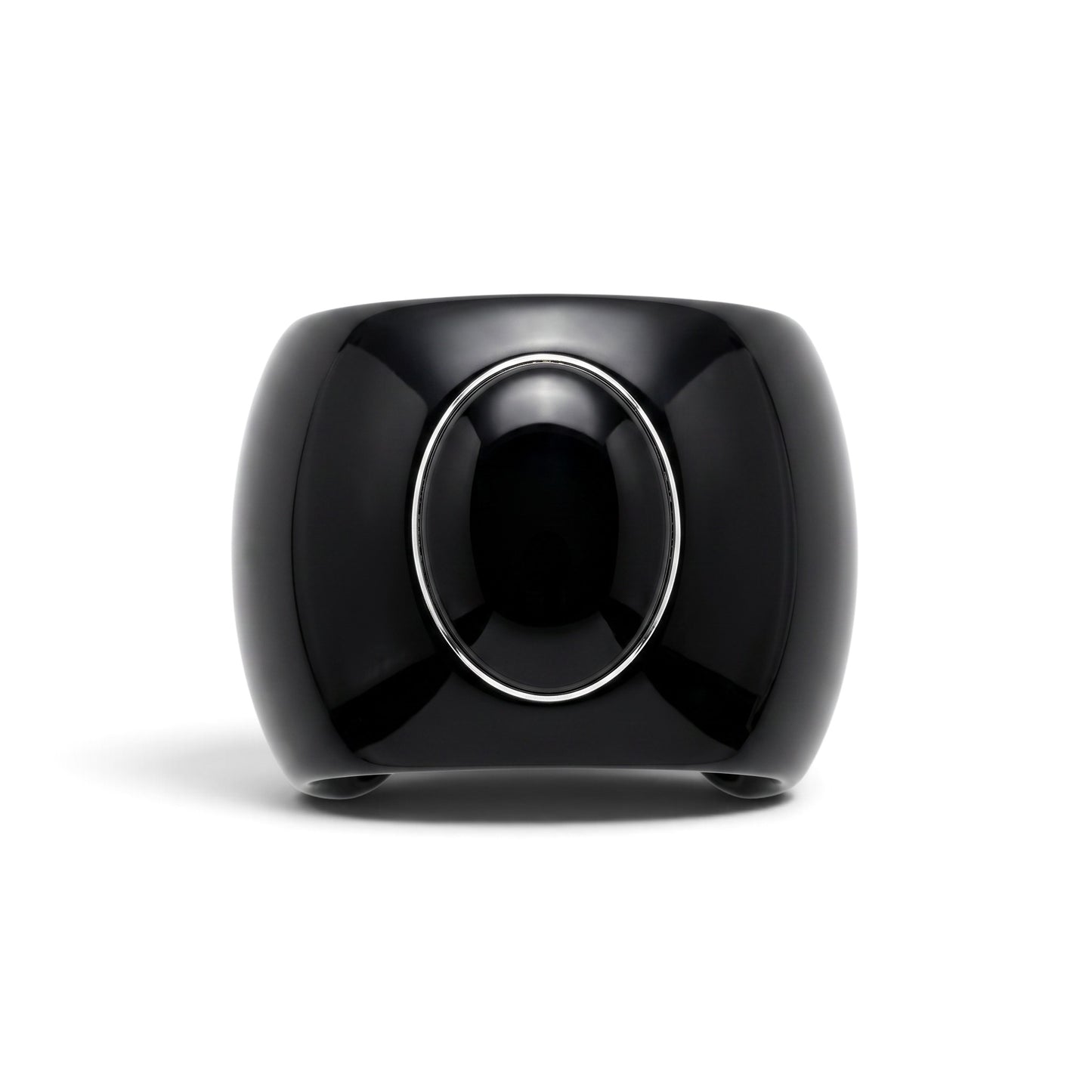 Trebor Style black acrylic cuff bracelet featuring a large oval black onyx cabochon set in a sterling silver ring.