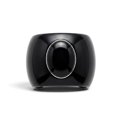 Trebor Style black acrylic cuff bracelet featuring a large oval black onyx cabochon set in a sterling silver ring.