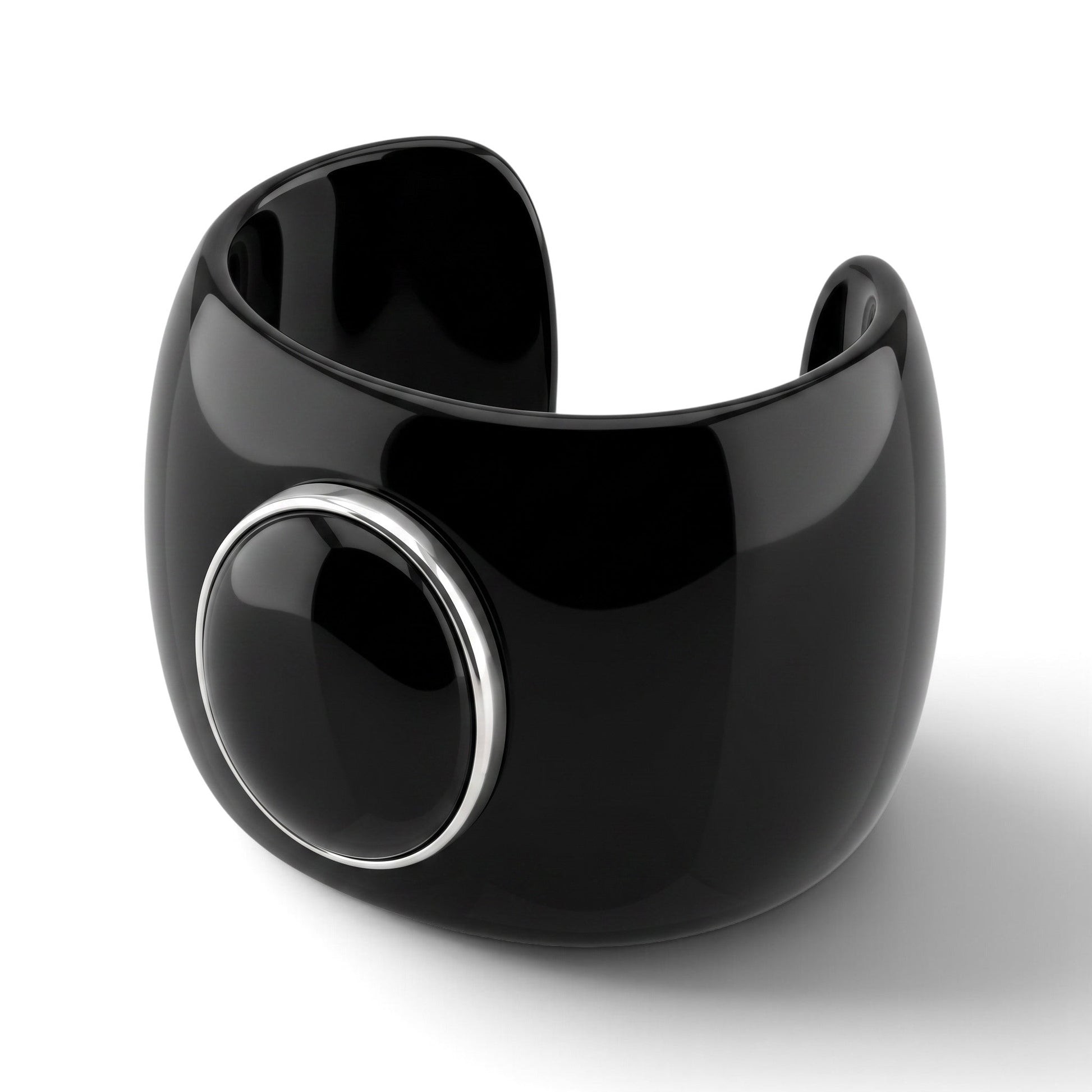 Trebor Style black acrylic cuff bracelet featuring a large onyx cabochon set in a sterling silver ring