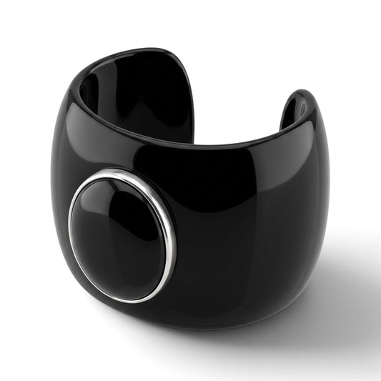 Trebor Style black acrylic cuff bracelet featuring a large onyx cabochon set in a sterling silver ring