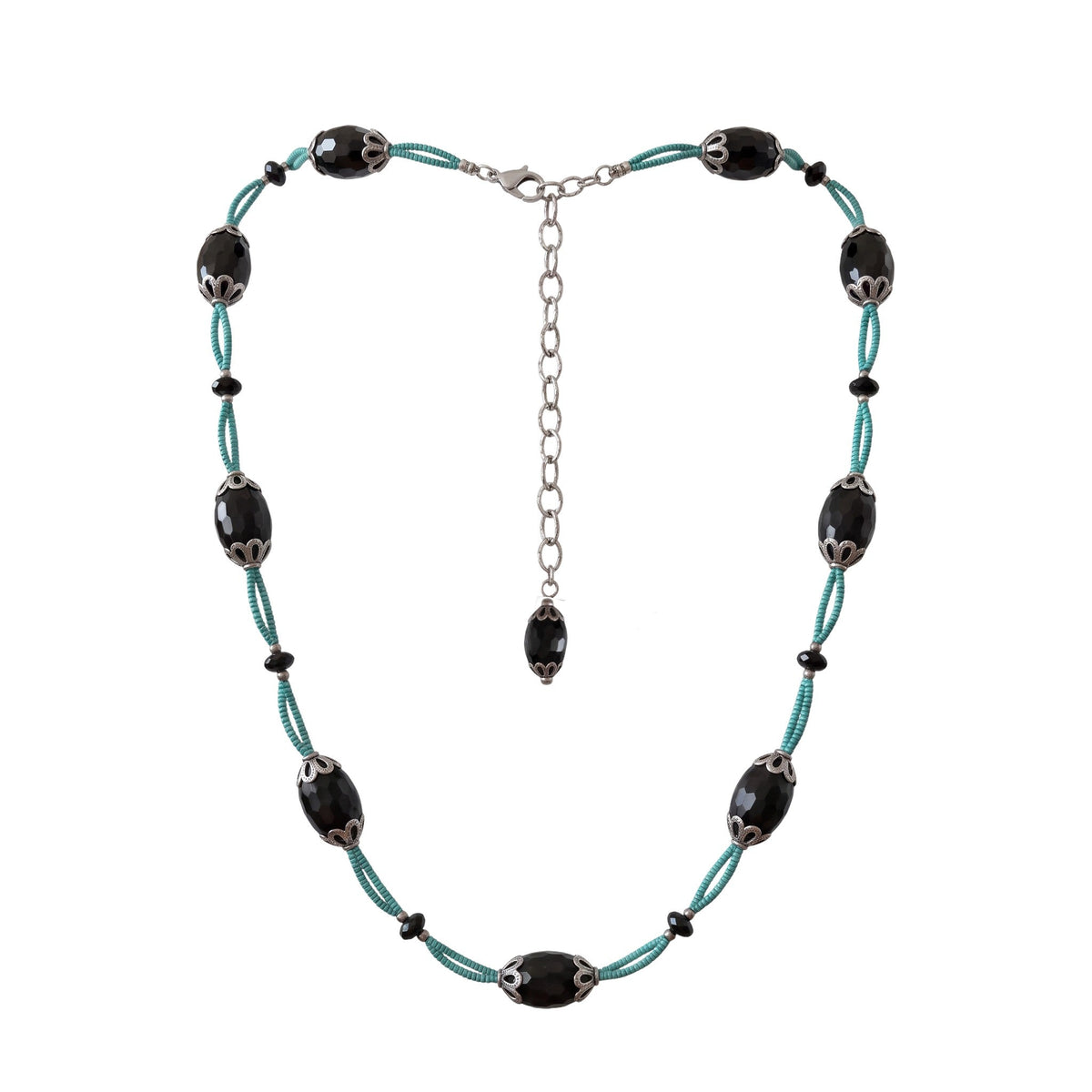 Trebor Style black agate and turquoise thread necklace with silver-tone filigree accents and adjustable chain clasp.